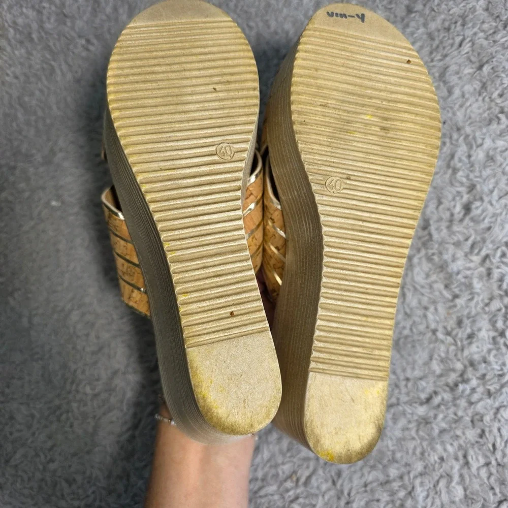 CORDANI Cork‎ Wedge Platform Sandals Metallic Gold Italian Women's EU 40 US 9